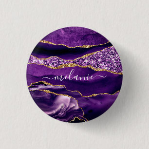 Agate Purple Violet Gold Glitter Button Your Name