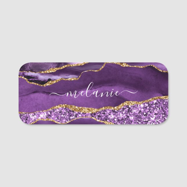 Agate Purple Violet Gold Glitter Custom Name Tag (Front)