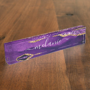 Agate Purple Violet Gold Glitter Desk Name Plate
