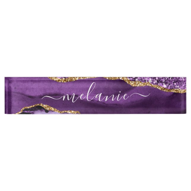 Agate Purple Violet Gold Glitter Desk Name Plate (Front)