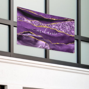 Agate Purple Violet Gold Glitter Geode Custom Name Banner
