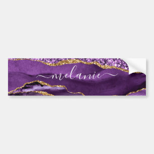 Agate Purple Violet Gold Glitter Geode Custom Name Bumper Sticker