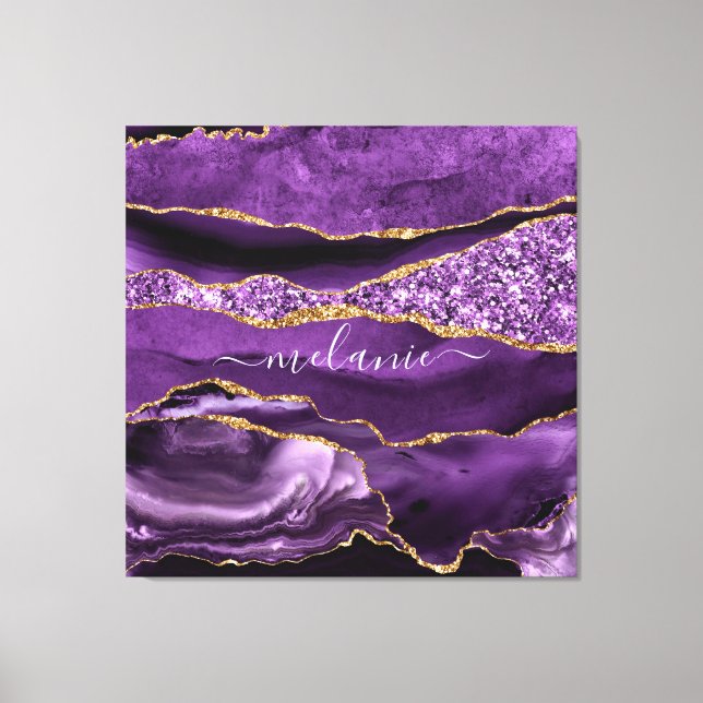 Agate Purple Violet Gold Glitter Geode Custom Name Canvas Print (Front)