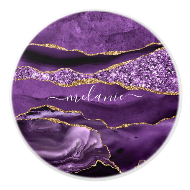 Agate Purple Violet Gold Glitter Geode Custom Name Ceramic Knob (Front)