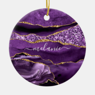 Agate Purple Violet Gold Glitter Geode Custom Name Ceramic Tree Decoration