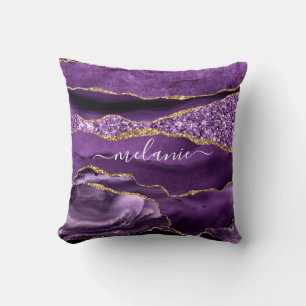 Agate Purple Violet Gold Glitter Geode Custom Name Cushion