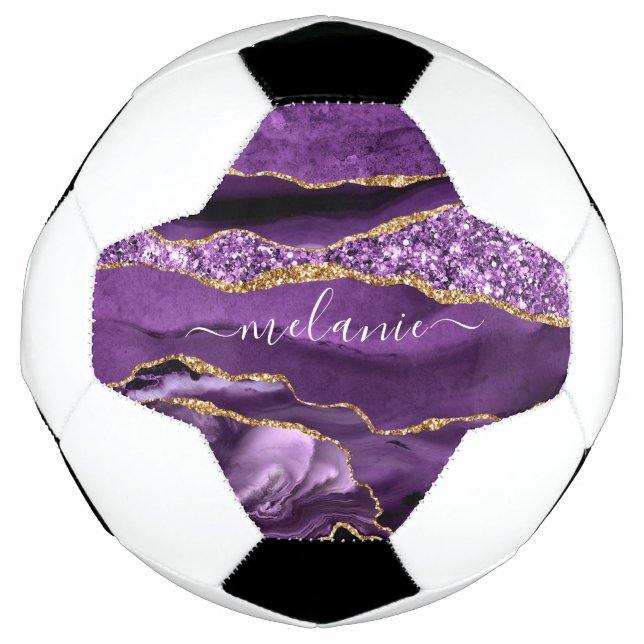 Agate Purple Violet Gold Glitter Geode Custom Name Football (Front)