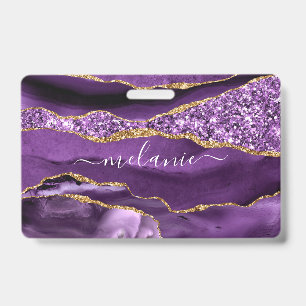 Agate Purple Violet Gold Glitter Geode Custom Name ID Badge