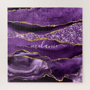Agate Purple Violet Gold Glitter Geode Custom Name Jigsaw Puzzle