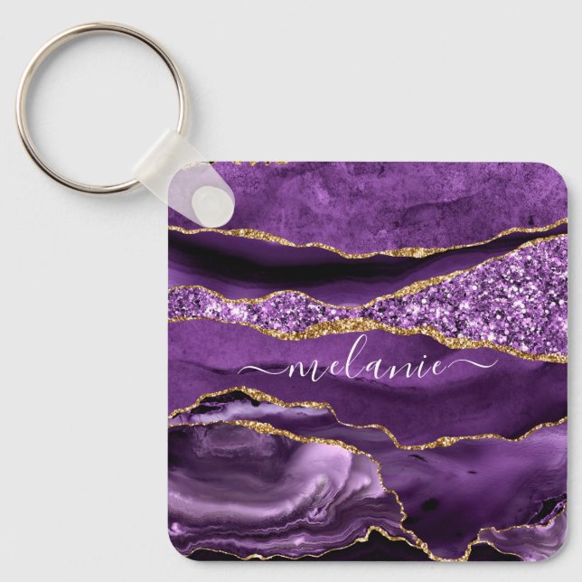 Agate Purple Violet Gold Glitter Geode Custom Name Key Ring (Front)