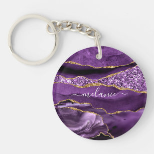 Agate Purple Violet Gold Glitter Geode Custom Name Key Ring