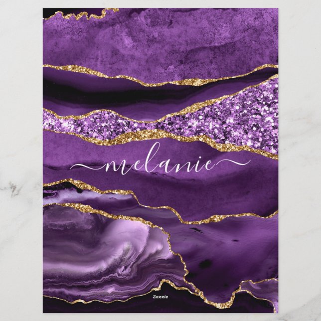 Agate Purple Violet Gold Glitter Geode Custom Name Letterhead (Back)