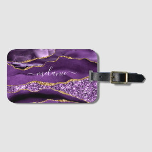 Agate Purple Violet Gold Glitter Geode Custom Name Luggage Tag