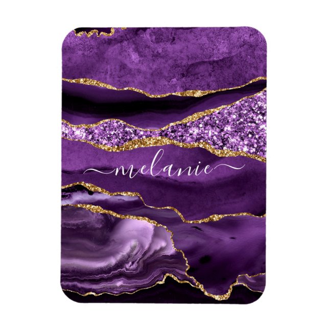 Agate Purple Violet Gold Glitter Geode Custom Name Magnet (Vertical)