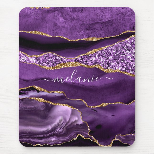 Agate Purple Violet Gold Glitter Geode Custom Name Mouse Mat (Front)