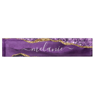 Agate Purple Violet Gold Glitter Geode Custom Name Nameplate
