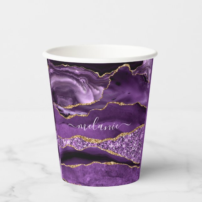 Agate Purple Violet Gold Glitter Geode Custom Name Paper Cups (Front)