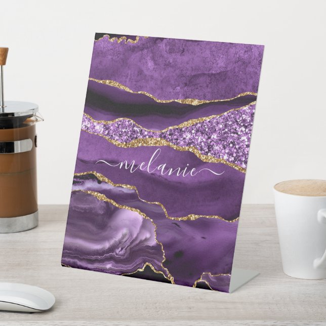Agate Purple Violet Gold Glitter Geode Custom Name Pedestal Sign (In SItu)