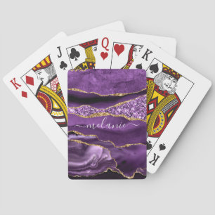 Agate Purple Violet Gold Glitter Geode Custom Name Playing Cards