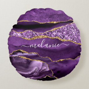 Agate Purple Violet Gold Glitter Geode Custom Name Round Cushion