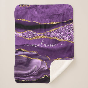 Agate Purple Violet Gold Glitter Geode Custom Name Sherpa Blanket