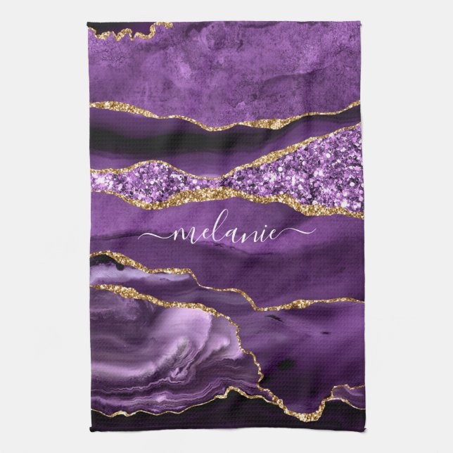 Agate Purple Violet Gold Glitter Geode Custom Name Tea Towel (Vertical)