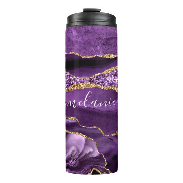 Agate Purple Violet Gold Glitter Geode Custom Name Thermal Tumbler (Front)