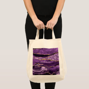 Agate Purple Violet Gold Glitter Geode Custom Name Tote Bag