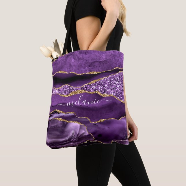 Agate Purple Violet Gold Glitter Geode Custom Name Tote Bag (Close Up)