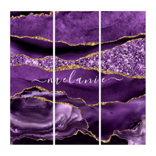 Agate Purple Violet Gold Glitter Geode Custom Name Triptych