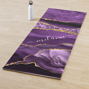 Agate Purple Violet Gold Glitter Geode Custom Name Yoga Mat