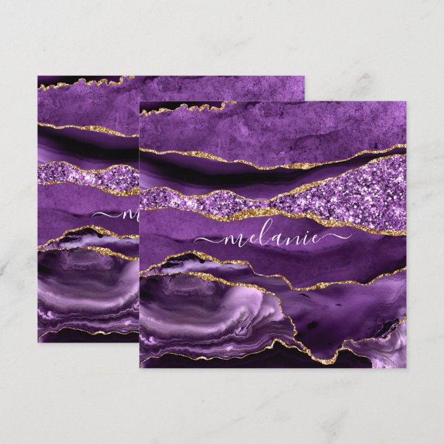 Agate Purple Violet Gold Glitter Geode Name Text (Front/Back)