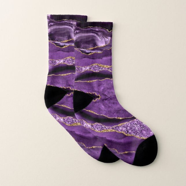 Agate Purple Violet Gold Glitter Geode Socks (Pair)