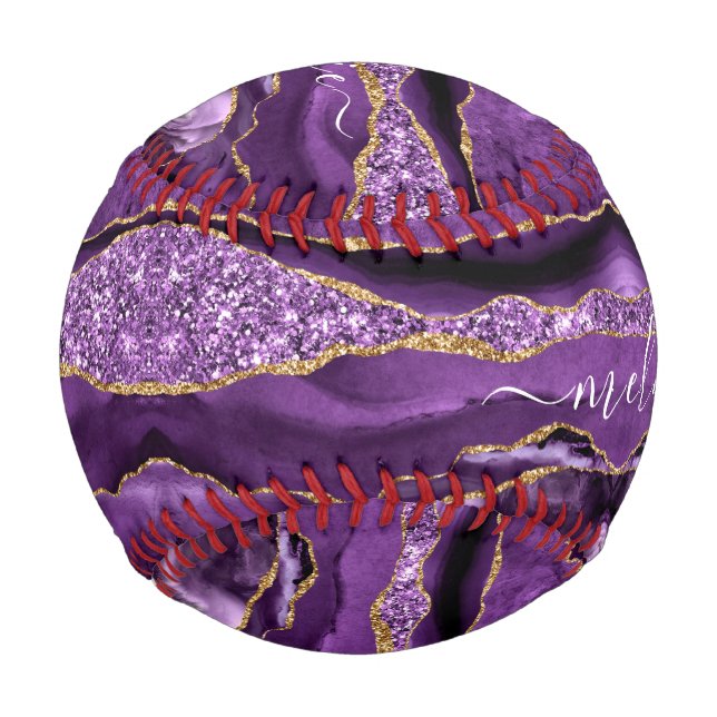 Agate Purple Violet Gold Glitter Geode Your Name Baseball (Front)