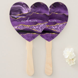 Agate Purple Violet Gold Glitter Geode Your Name Hand Fan