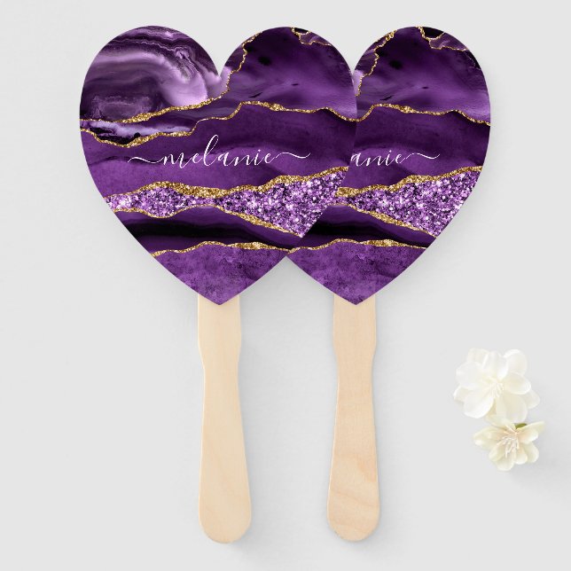 Agate Purple Violet Gold Glitter Geode Your Name Hand Fan (Front and Back)
