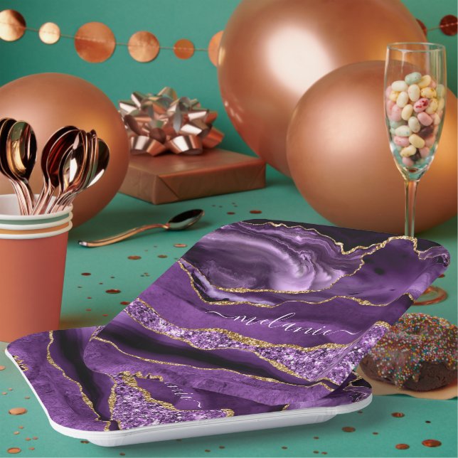 Agate Purple Violet Gold Glitter Geode Your Name Paper Plate (Multi)