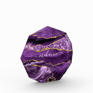 Agate Purple Violet Gold Glitter Geode Your Name Photo Block