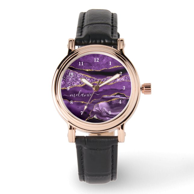 Agate Purple Violet Gold Glitter Geode Your Name Watch (Front)