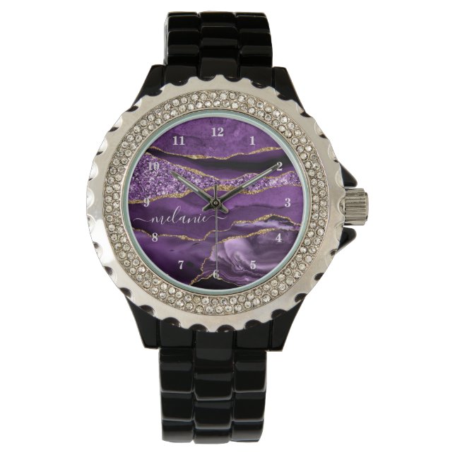 Agate Purple Violet Gold Glitter Geode Your Name Watch (Front)
