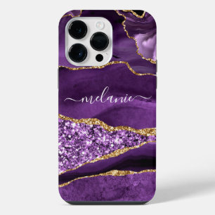 Agate Purple Violet Gold Glitter Marble Your Name iPhone 14 Pro Max Case