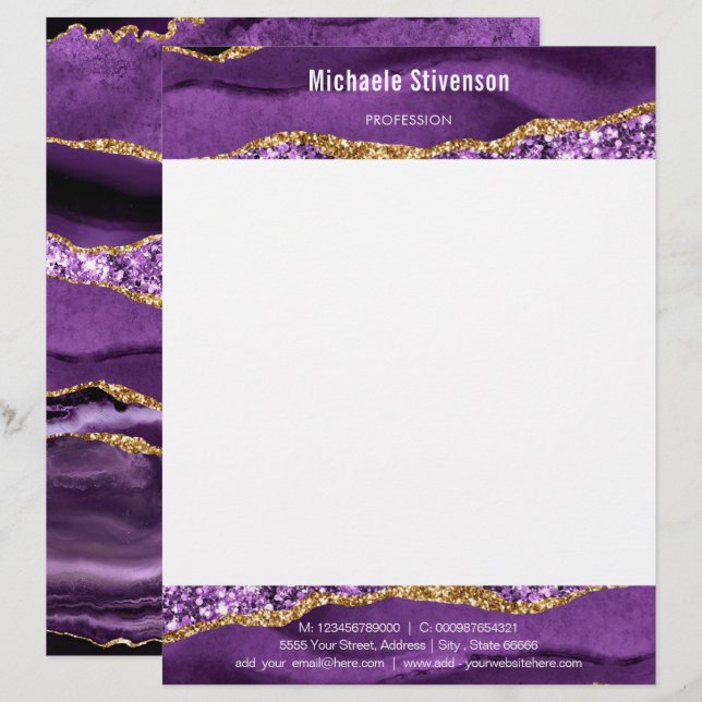 Agate Purple Violet Gold Glitter Modern Letterhead (Front/Back)
