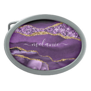 Agate Purple Violet Gold Glitter Name Belt Buckle