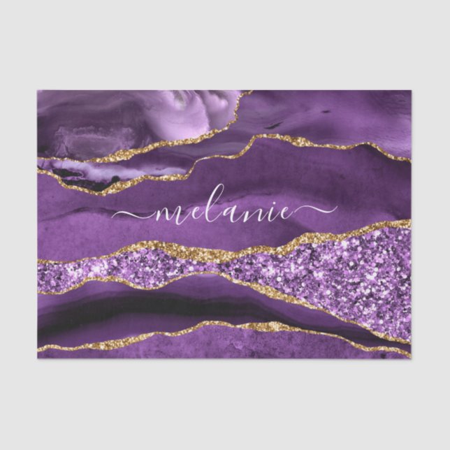 Agate Purple Violet Gold Glitter Name Tissue Paper (Front)
