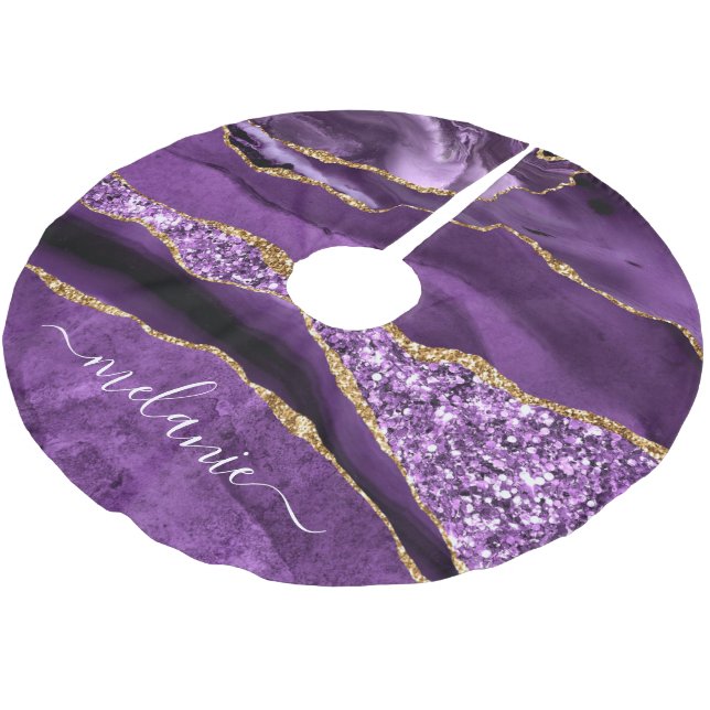 Agate Purple Violet Gold Glitter Name Tree Skirt (Angled)