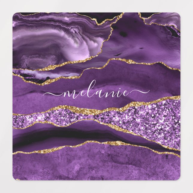 Agate Purple Violet Gold Glitter Your Name Labels (Design 1)