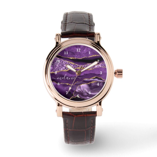 Agate Purple Violet Gold Glitter Your Name Watch (Front)