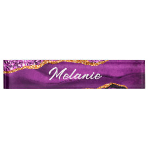 Agate Purple Violet Gold Marble Desk Name Plate