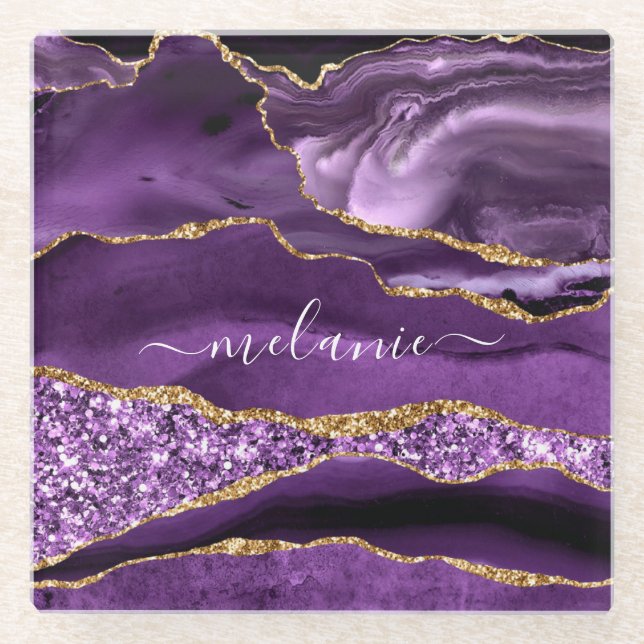 Agate Purple Violet Gold Marble Name Glass Coaster (Front)