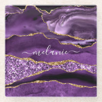 Agate Purple Violet Gold Your Name Glass Coaster